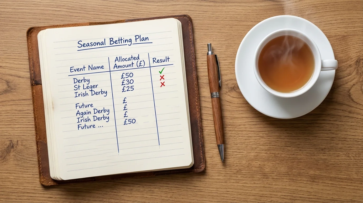 Notebook with a structured seasonal betting plan and pen on a desk beside a cup of tea