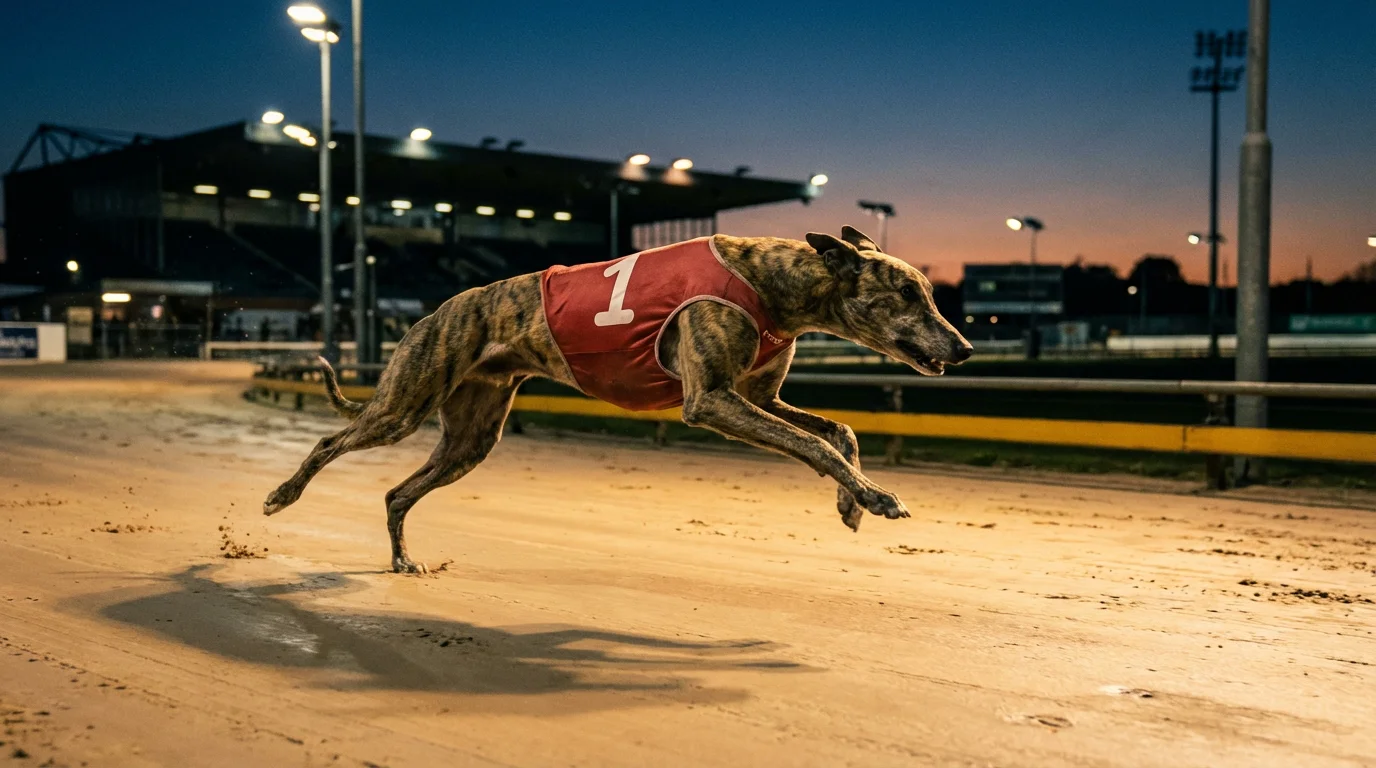 Greyhound sprinting from traps on a sand track under floodlights at a UK racing stadium
