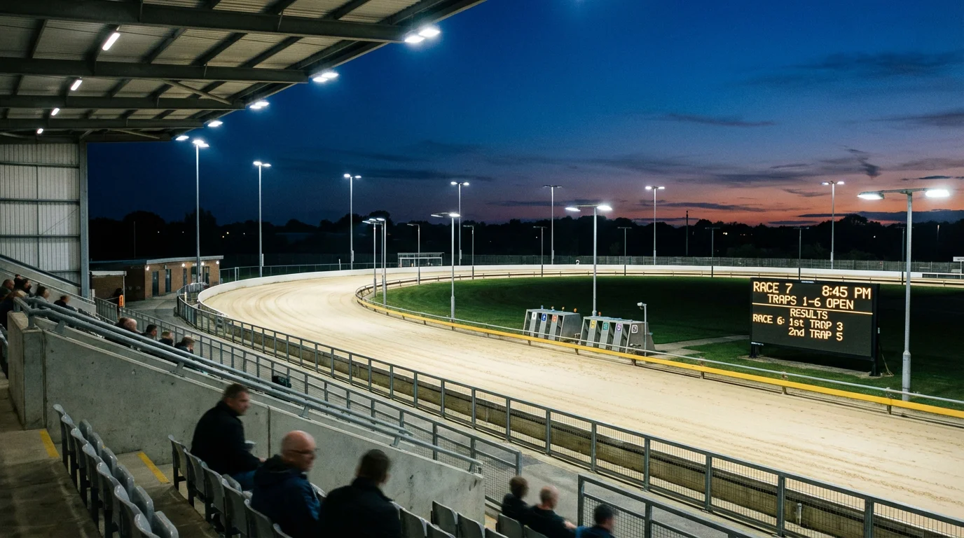 Towcester greyhound stadium on race night with floodlit sand track and packed grandstands