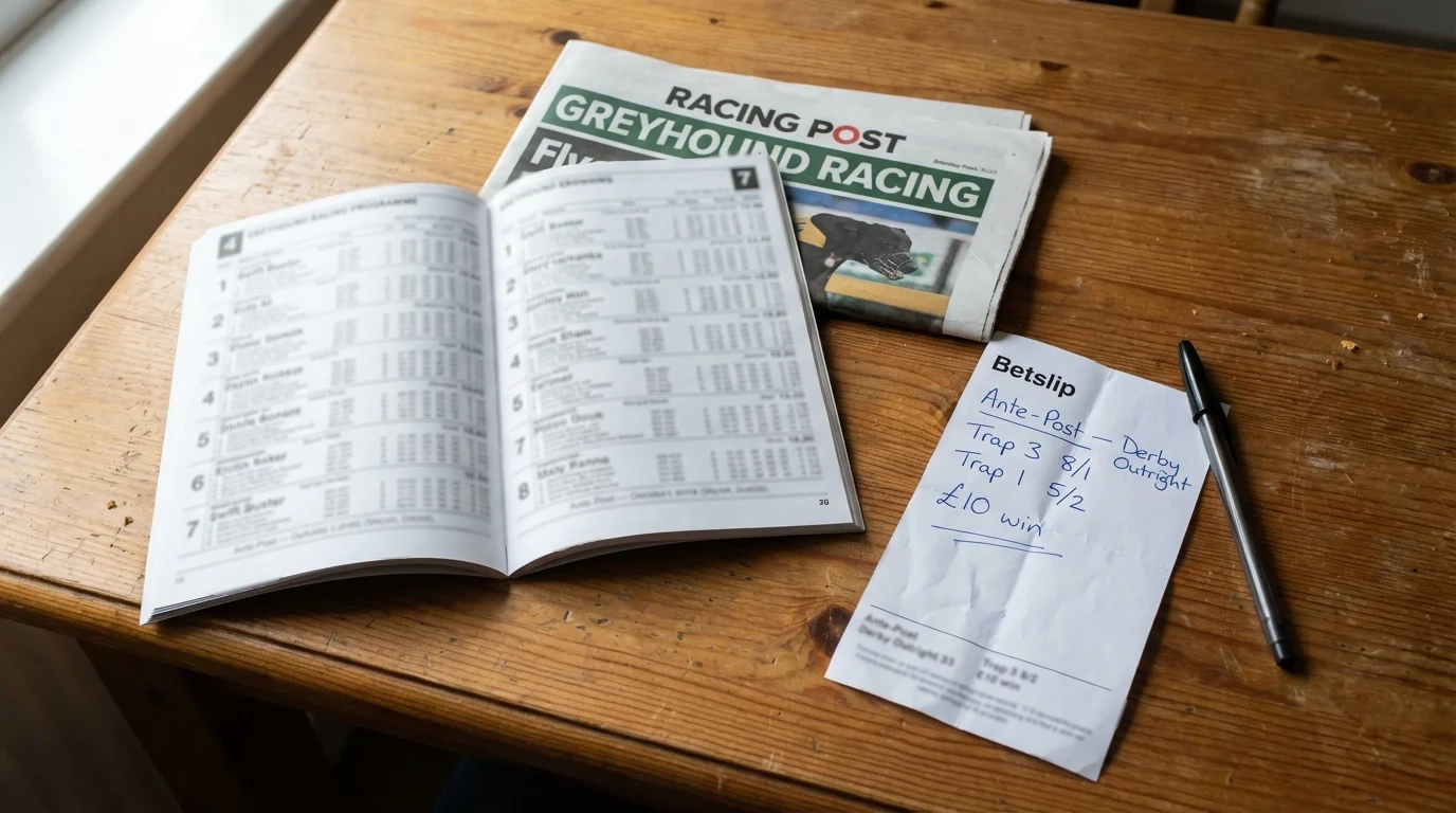 Greyhound racing betslip and form guide on a table beside a UK racecourse programme