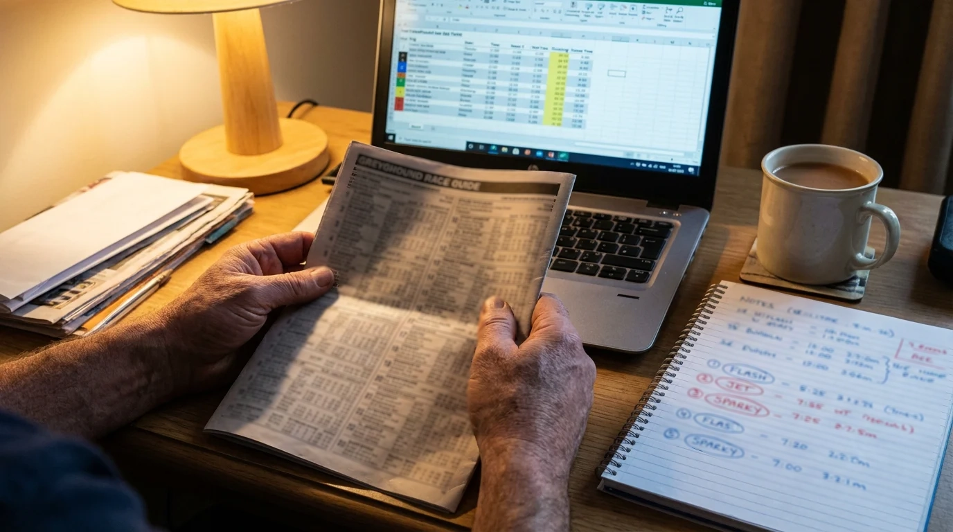 Punter studying greyhound form data and race times on a laptop with a notebook of handwritten notes